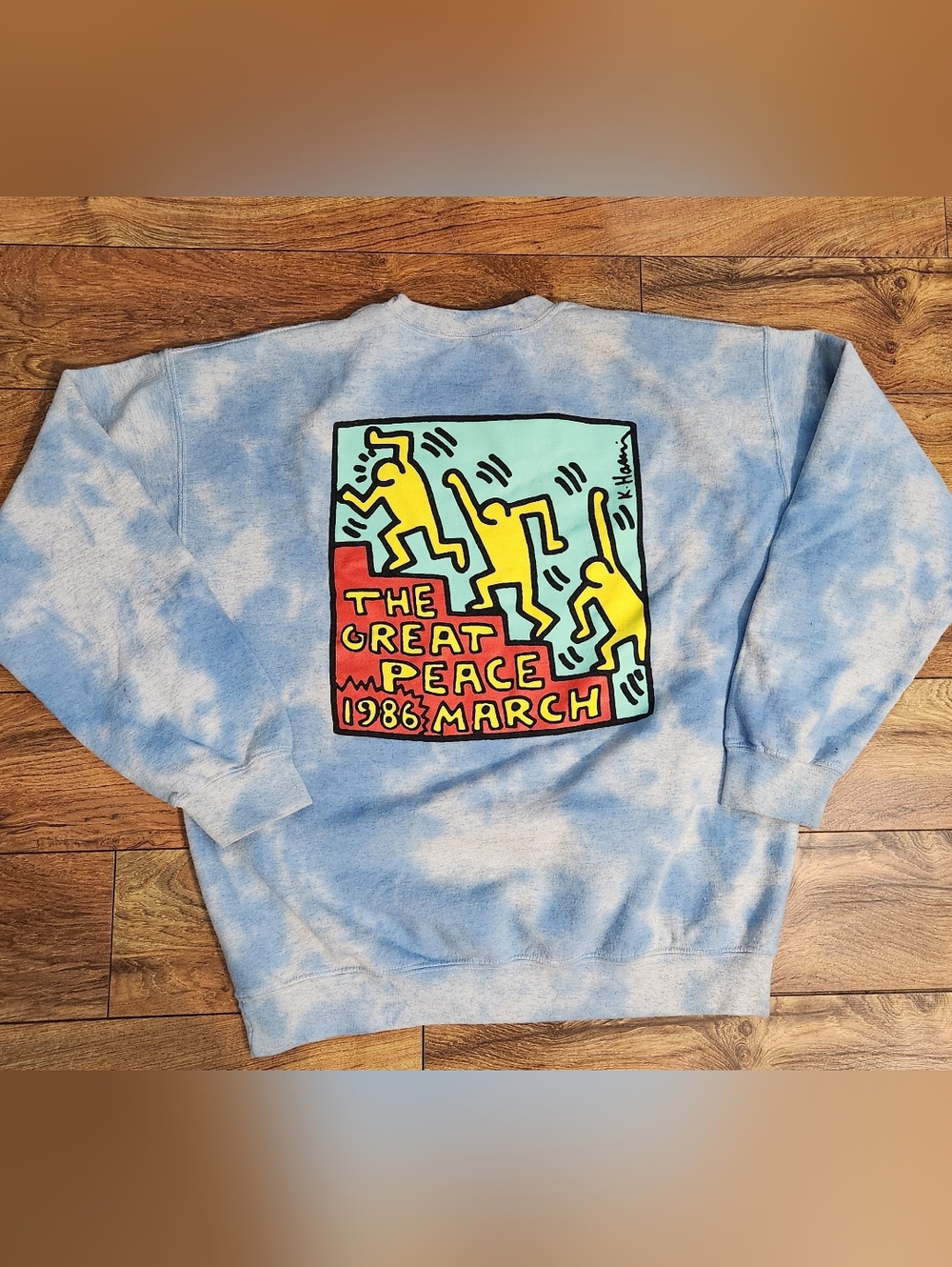 Keith Haring Lt Blue Tie-Dye Crewneck  Fleece Great Peace 1986 March, Size M